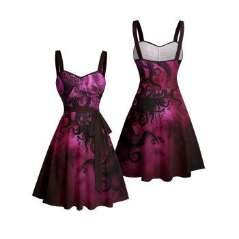 Glitter Octopus Pattern Ruched Bust Belt Vacation Dress Sweetheart Neck A Line Mini Beach Dress