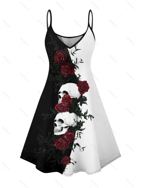 Robe gothique monochrome à motif de crânes de roses, bretelles spaghetti, col en V, coupe trapèze, mini-robe débardeur de vacances - Noir XXXXXL | US 20