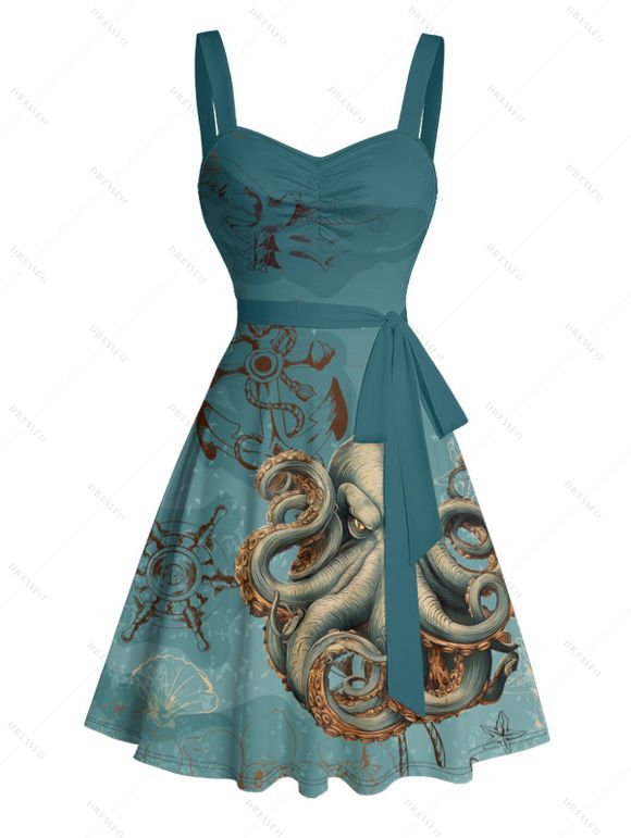 Robe de plage courte à volants et col en cœur, motif pieuvre, ceinture et buste froncé - Vert profond XXXXXL | US 20