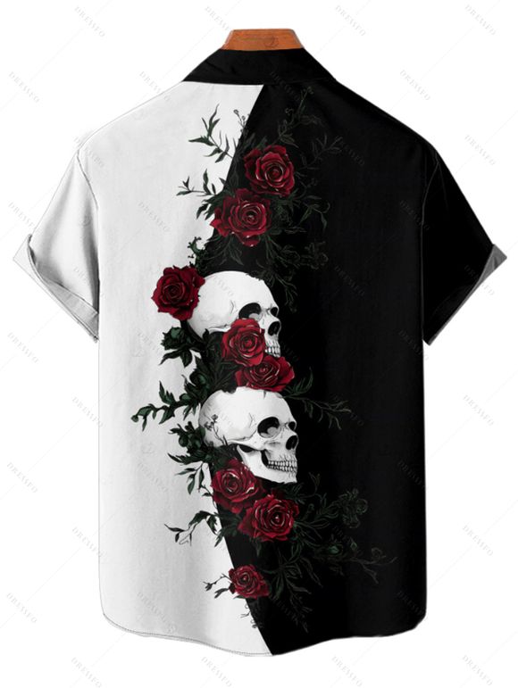 Chemise gothique monochrome à manches courtes et boutons pour homme, motif tête de mort et roses, style vacances - Noir M