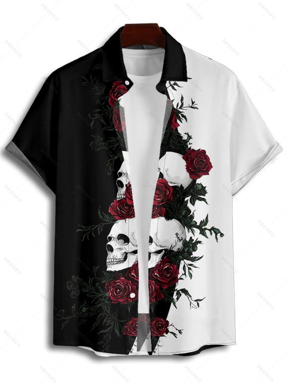 Chemise gothique monochrome à manches courtes et boutons pour homme, motif tête de mort et roses, style vacances - Noir M