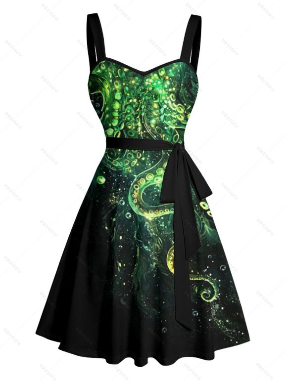 Robe de plage courte à volants et col en cœur, motif poulpe pailleté, ceinture et buste froncé - Vert S | US 4