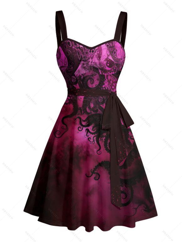 Robe de plage courte à volants et col en cœur, motif poulpe pailleté, ceinture et buste froncé - Rouge foncé XXXXXL | US 20