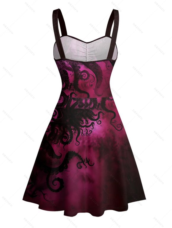 Robe de plage courte à volants et col en cœur, motif poulpe pailleté, ceinture et buste froncé - Rouge foncé XL | US 12