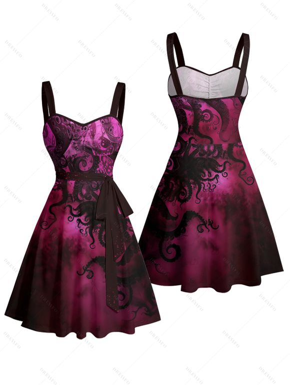 Robe de plage courte à volants et col en cœur, motif poulpe pailleté, ceinture et buste froncé - Rouge foncé XL | US 12