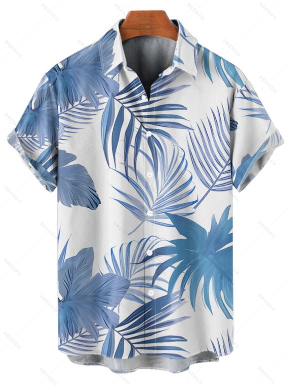 Chemise de plage à motif de feuilles tropicales pour homme, boutonnée, retroussée, manches courtes, style hawaïen - Bleu clair 5XL