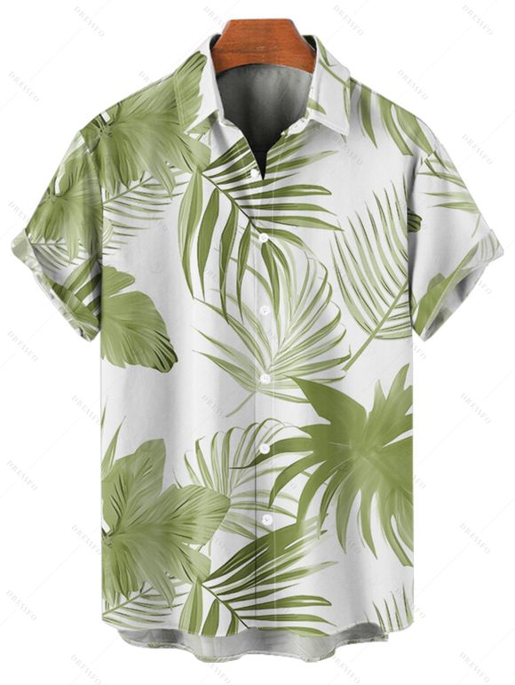 Chemise de plage à motif de feuilles tropicales pour homme, boutonnée, retroussée, manches courtes, style hawaïen - Vert clair 5XL