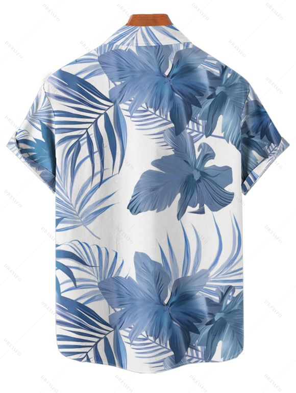 Chemise de plage à motif de feuilles tropicales pour homme, boutonnée, retroussée, manches courtes, style hawaïen - Bleu clair 4XL