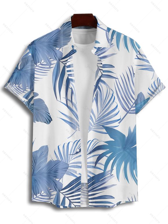 Chemise de plage à motif de feuilles tropicales pour homme, boutonnée, retroussée, manches courtes, style hawaïen - Bleu clair 4XL