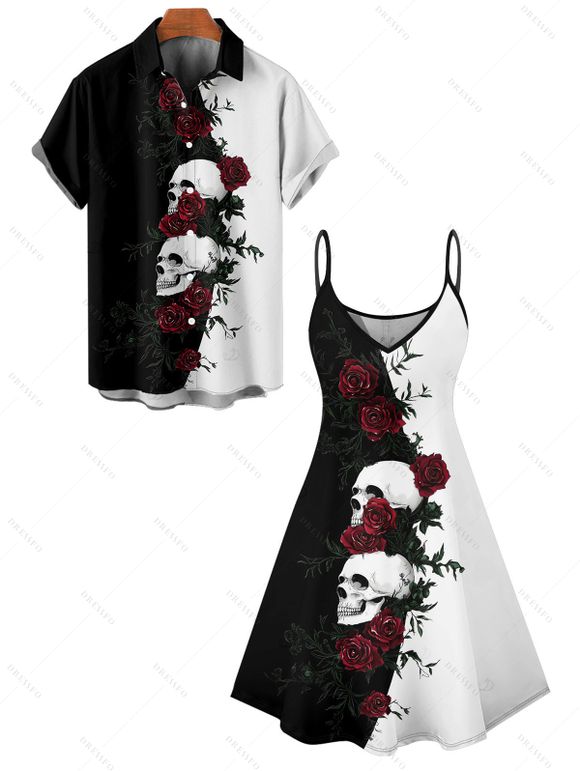 Gothic Couple Outfit Monochrome Rose Skulls Pattern Spaghetti Strap Tank Dress and Button Up Shirt Holiday Matching Outfit - Noir S | US 4