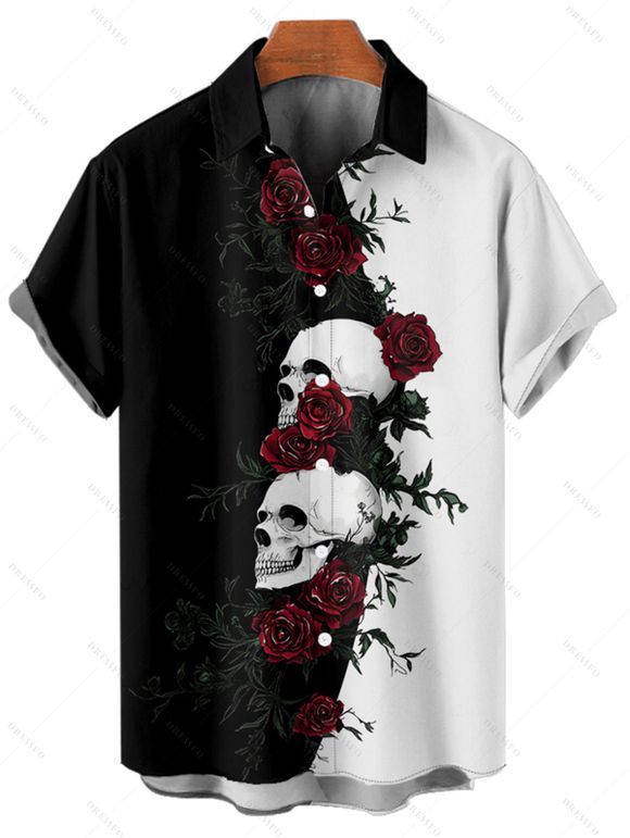 Gothic Couple Outfit Monochrome Rose Skulls Pattern Spaghetti Strap Tank Dress and Button Up Shirt Holiday Matching Outfit - Noir S | US 4