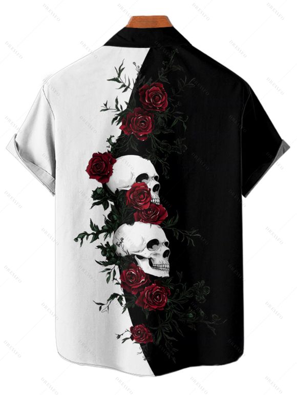 Gothic Couple Outfit Monochrome Rose Skulls Pattern Spaghetti Strap Tank Dress and Button Up Shirt Holiday Matching Outfit - Noir S | US 4