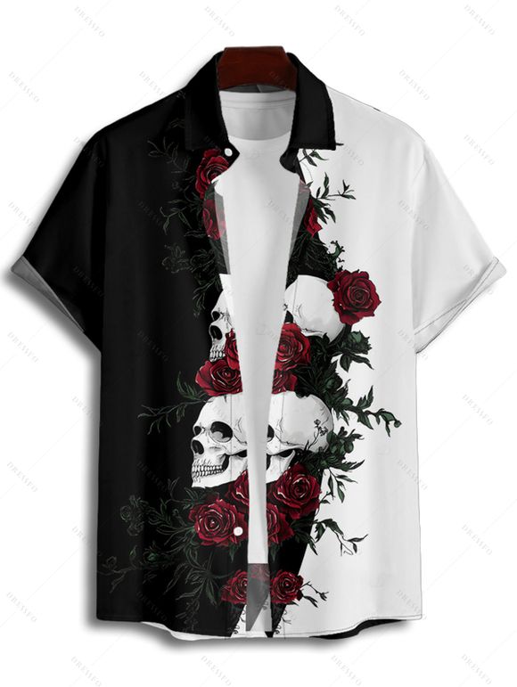 Gothic Couple Outfit Monochrome Rose Skulls Pattern Spaghetti Strap Tank Dress and Button Up Shirt Holiday Matching Outfit - Noir S | US 4