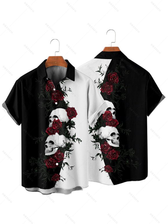 Gothic Couple Outfit Monochrome Rose Skulls Pattern Spaghetti Strap Tank Dress and Button Up Shirt Holiday Matching Outfit - Noir S | US 4