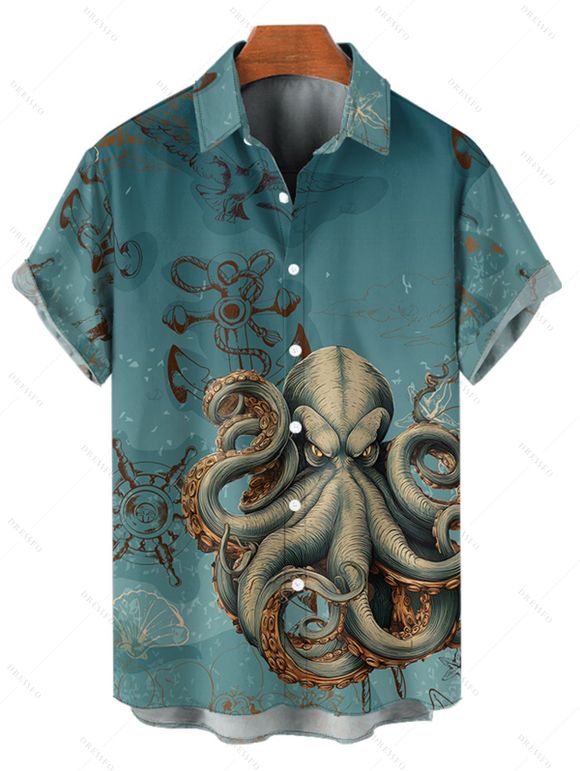 Chemise de vacances à motif pieuvre pour homme, boutonnée, retroussée, manches courtes, pour la plage - Vert profond 5XL