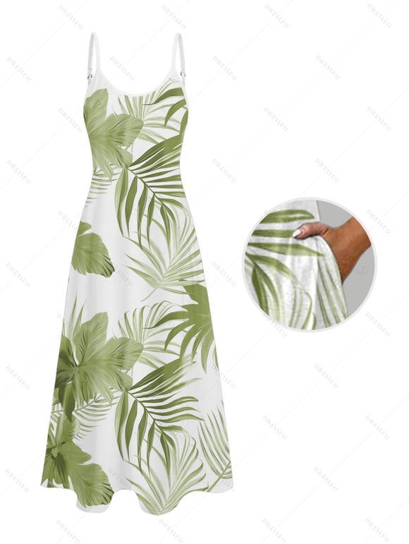 Robe hawaïenne à poches et motif feuilles tropicales, bretelles spaghetti, coupe trapèze, longue, débardeur de plage - Vert clair XXL | US 14