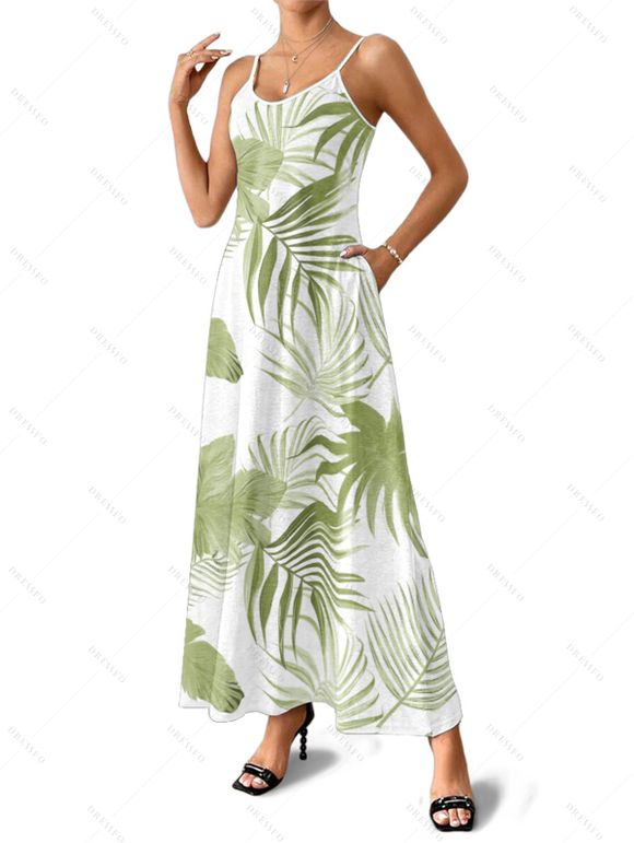 Robe hawaïenne à poches et motif feuilles tropicales, bretelles spaghetti, coupe trapèze, longue, débardeur de plage - Vert clair XXL | US 14