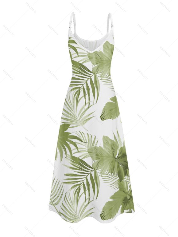 Robe hawaïenne à poches et motif feuilles tropicales, bretelles spaghetti, coupe trapèze, longue, débardeur de plage - Vert clair XXL | US 14