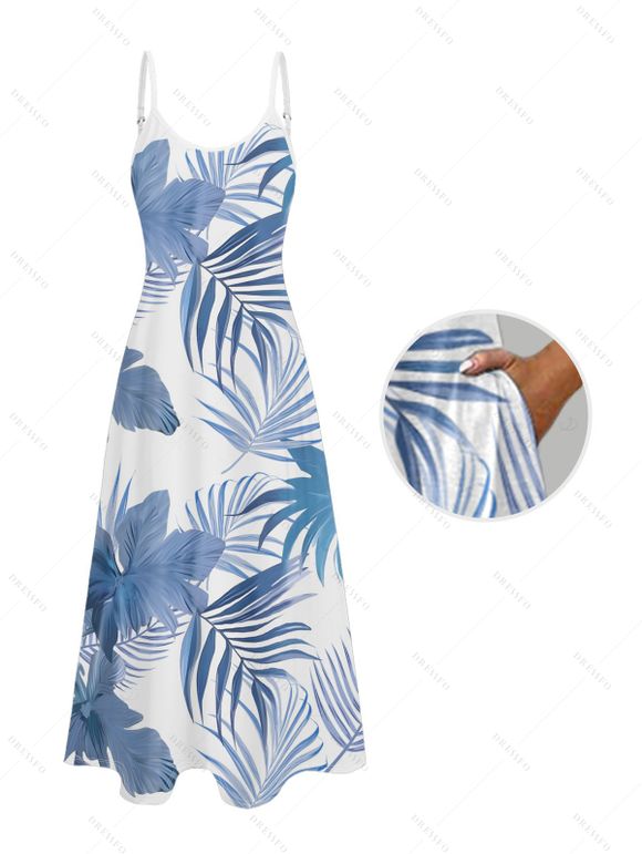 Robe hawaïenne à poches et motif feuilles tropicales, bretelles spaghetti, coupe trapèze, longue, débardeur de plage - Bleu clair XXL | US 14