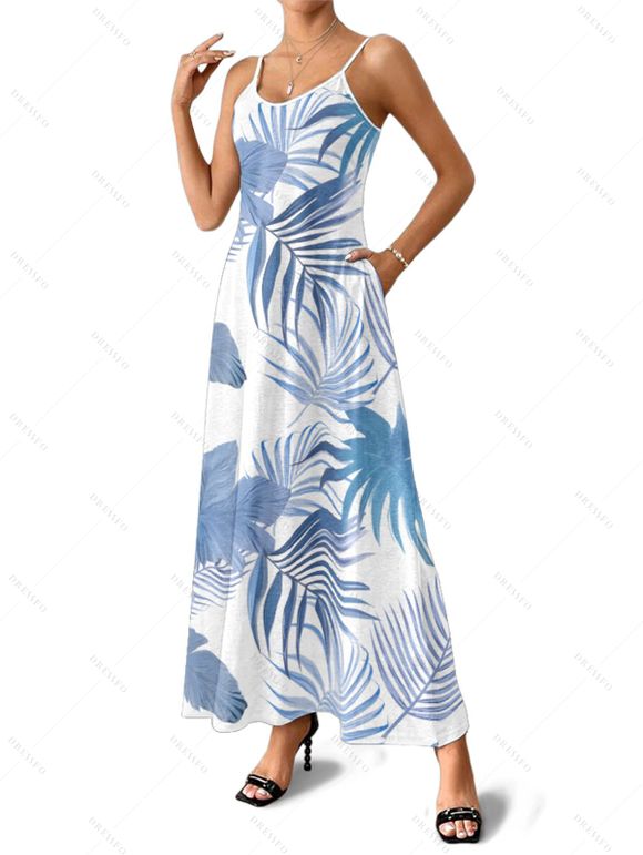Robe hawaïenne à poches et motif feuilles tropicales, bretelles spaghetti, coupe trapèze, longue, débardeur de plage - Bleu clair XL | US 12