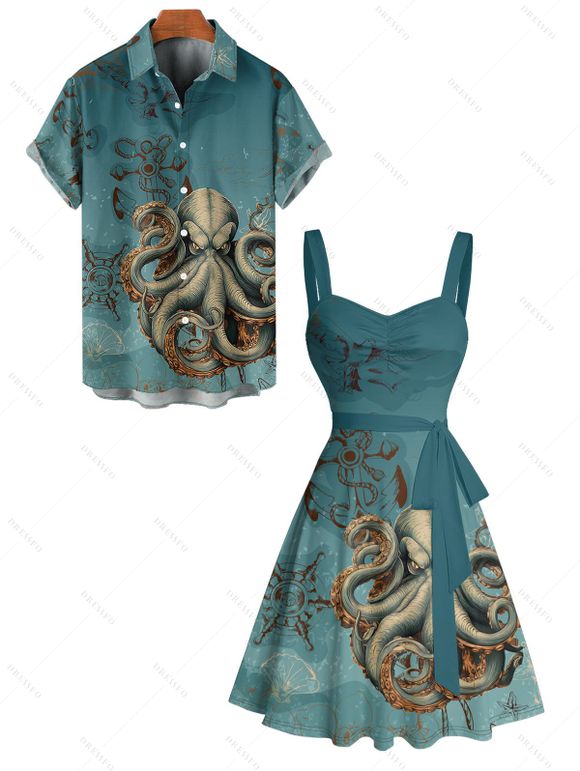 Vacation Couple Outfit Octopus Pattern Ruched Bust Belt Sweetheart Neck A Line Mini Dress and Button Up Shirt Beach Matching Outfit - Vert profond S | US 4