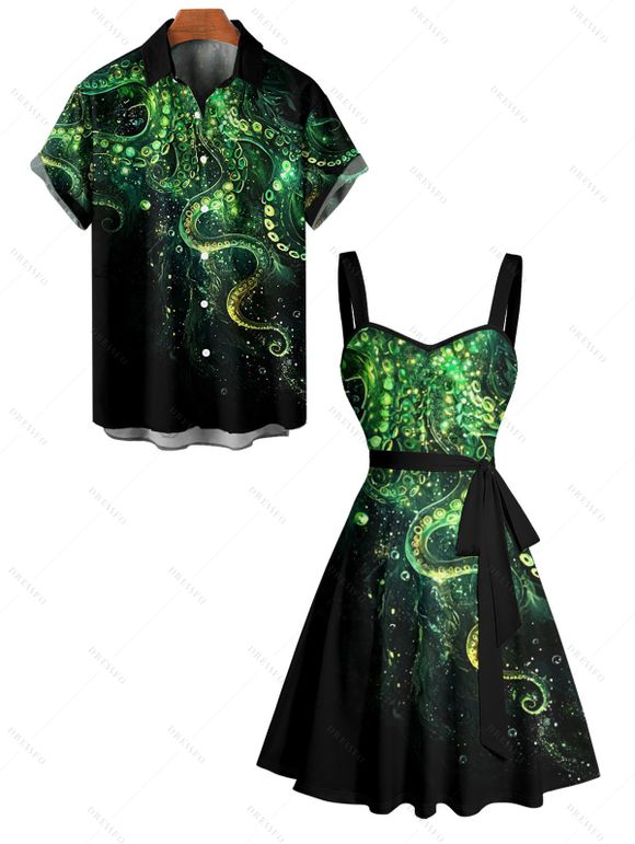 Vacation Couple Outfit Glitter Octopus Pattern Ruched Bust Belt Sweetheart Neck A Line Mini Dress and Button Up Shirt Beach Matching Outfit - Vert S | US 4