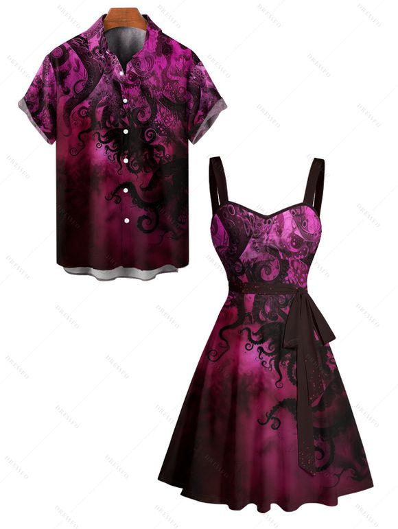 Vacation Couple Outfit Glitter Octopus Pattern Ruched Bust Belt Sweetheart Neck A Line Mini Dress and Button Up Shirt Beach Matching Outfit - Rouge foncé S | US 4