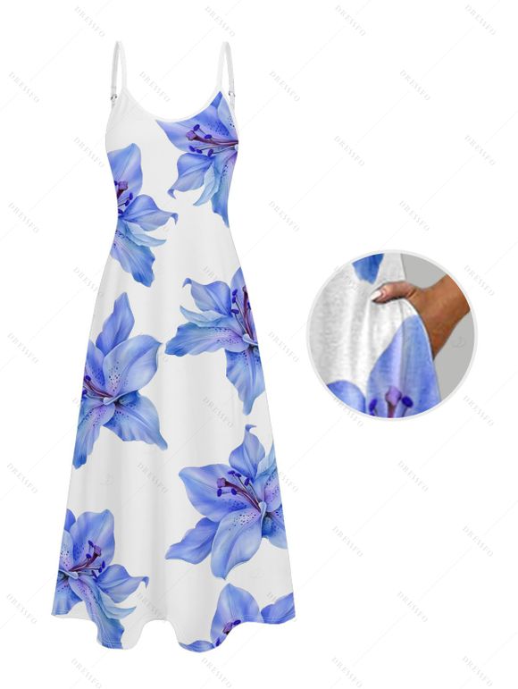Robe de vacances à motif floral Lily avec poches et bretelles spaghetti, coupe trapèze, longue et décontractée - Bleu Ciel XXL | US 14