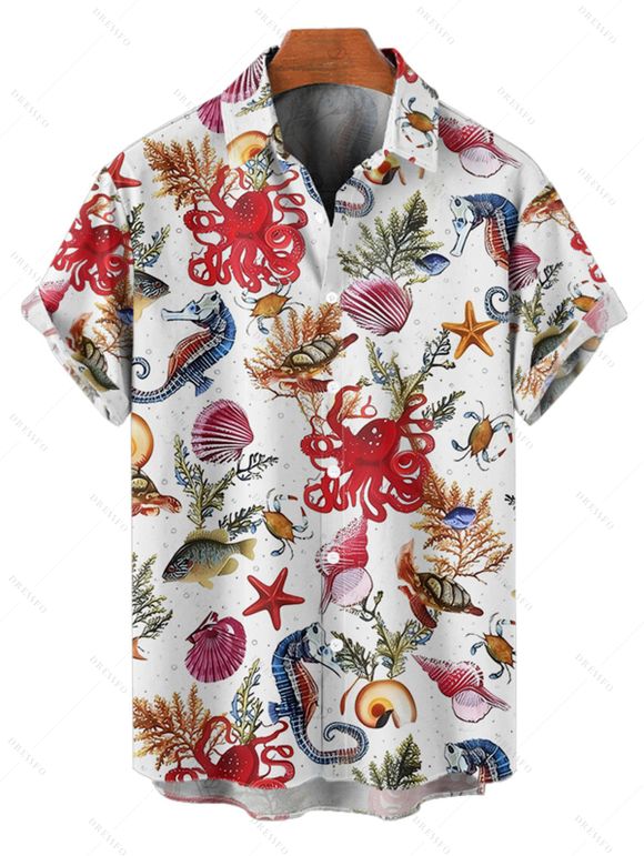 Chemise de plage à manches courtes et boutons pour homme, motif coquillage, poulpe, étoile de mer, vie marine - Rouge 5XL