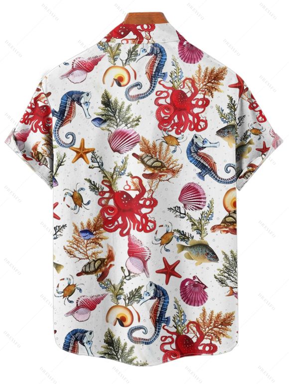 Chemise de plage à manches courtes et boutons pour homme, motif coquillage, poulpe, étoile de mer, vie marine - Rouge 3XL