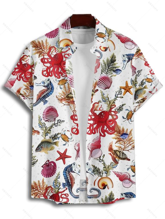 Chemise de plage à manches courtes et boutons pour homme, motif coquillage, poulpe, étoile de mer, vie marine - Rouge 3XL