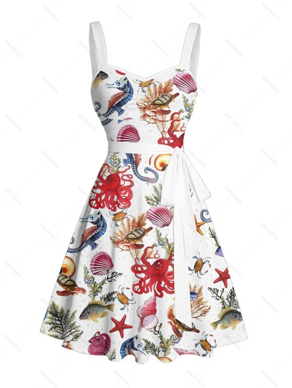 Robe de vacances à imprimé coquillage, poulpe, étoile de mer, buste froncé, ceinture, décolleté en cœur, mini robe de plage trapèze - Rouge XXXXXL | US 20