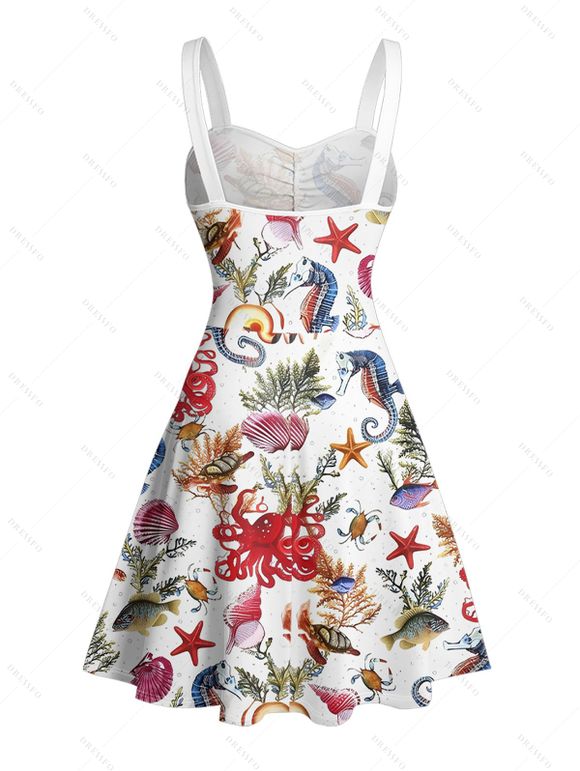 Robe de vacances à imprimé coquillage, poulpe, étoile de mer, buste froncé, ceinture, décolleté en cœur, mini robe de plage trapèze - Rouge XXXL | US 16