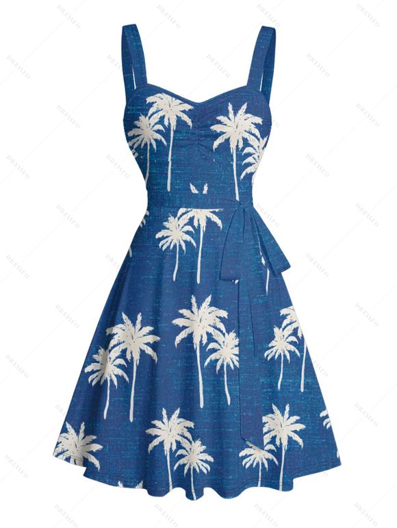 Robe de vacances à motif cocotier, buste froncé, ceinture, décolleté en cœur, mini robe hawaïenne trapèze - Bleu profond XXXXXL | US 20