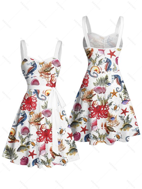 Robe de vacances à imprimé coquillage, poulpe, étoile de mer, buste froncé, ceinture, décolleté en cœur, mini robe de plage trapèze - Rouge XXXL | US 16