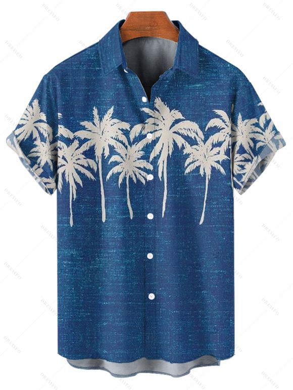 Chemise hawaïenne à manches courtes et boutons, motif cocotier, pour homme - Bleu profond 5XL