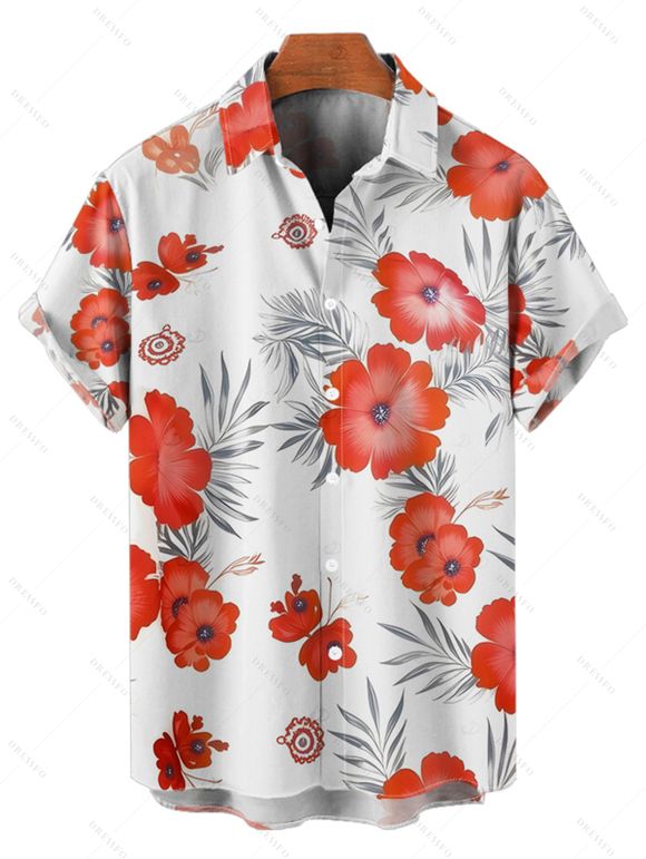 Chemise de vacances à motif de feuilles et de fleurs pour homme, boutonnée, retroussée, manches courtes, décontractée - Rouge 5XL