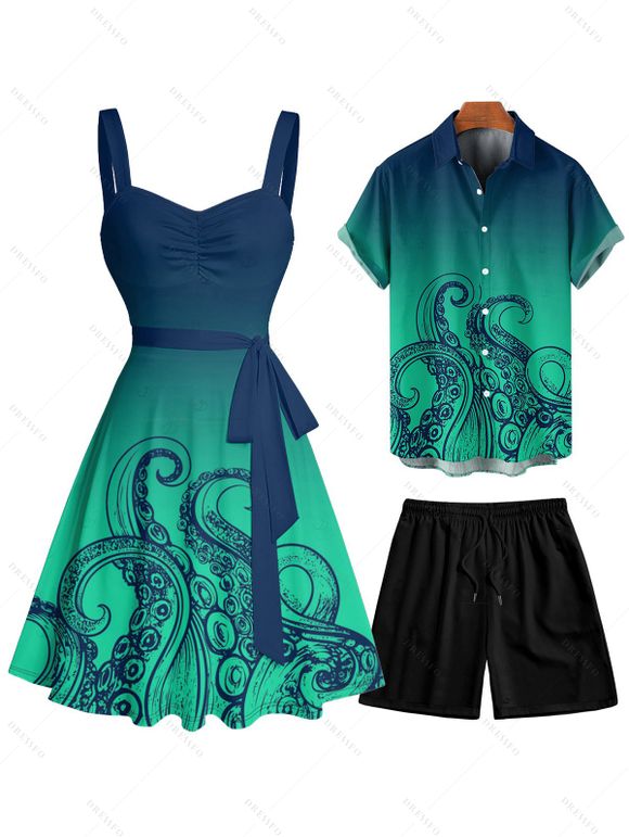 Vacation Couple Outfit Ombre Octopus Pattern Ruched Bust Belt Sweetheart Neck Dress and Button Up Shirt Drawstring Shorts Beach Matching Outfit - Vert profond S | US 4