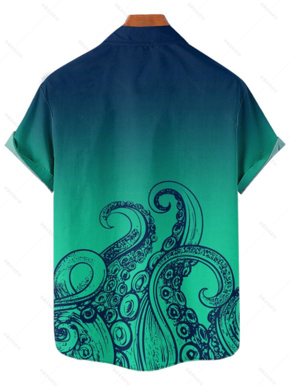 Vacation Couple Outfit Ombre Octopus Pattern Ruched Bust Belt Sweetheart Neck Dress and Button Up Shirt Drawstring Shorts Beach Matching Outfit - Vert profond S | US 4