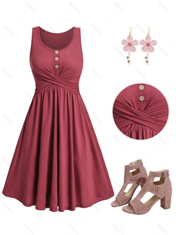 Women Casual Outfit Plain Color Mock Button Crossover A Line Mini Dress and Flower Rhinestone Earrings Hollow Out Chunky Heel Sandals Set - Rouge foncé S | US 4