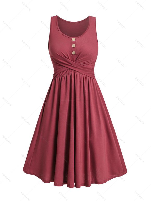 Women Casual Outfit Plain Color Mock Button Crossover A Line Mini Dress and Flower Rhinestone Earrings Hollow Out Chunky Heel Sandals Set - Rouge foncé S | US 4