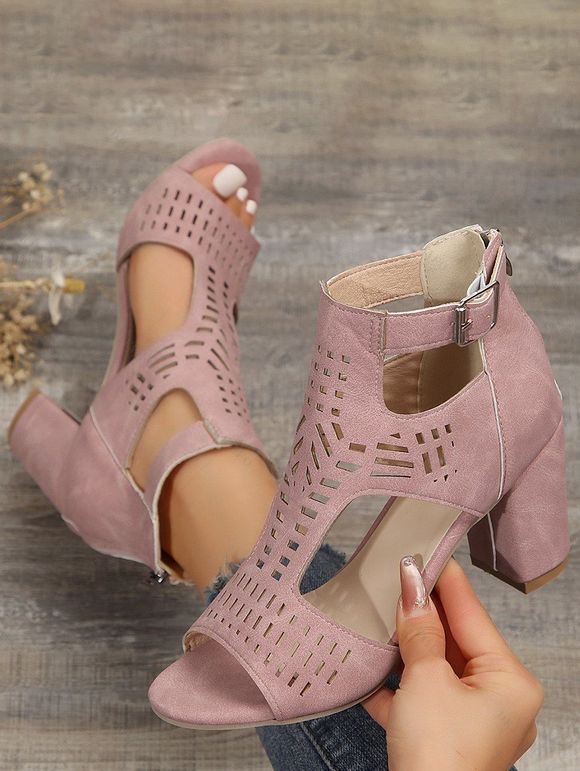 Women Casual Outfit Plain Color Mock Button Crossover A Line Mini Dress and Flower Rhinestone Earrings Hollow Out Chunky Heel Sandals Set - Rouge foncé S | US 4