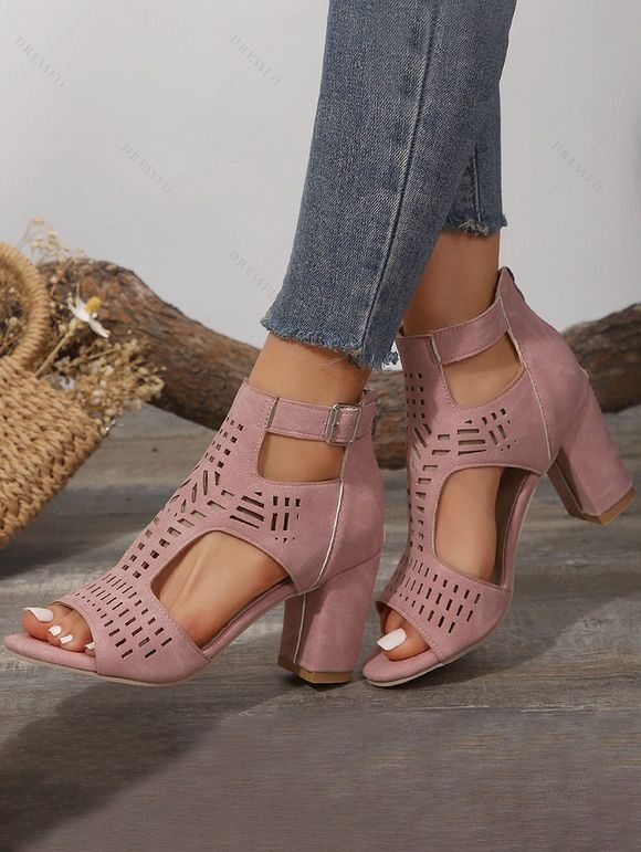 Women Casual Outfit Plain Color Mock Button Crossover A Line Mini Dress and Flower Rhinestone Earrings Hollow Out Chunky Heel Sandals Set - Rouge foncé S | US 4