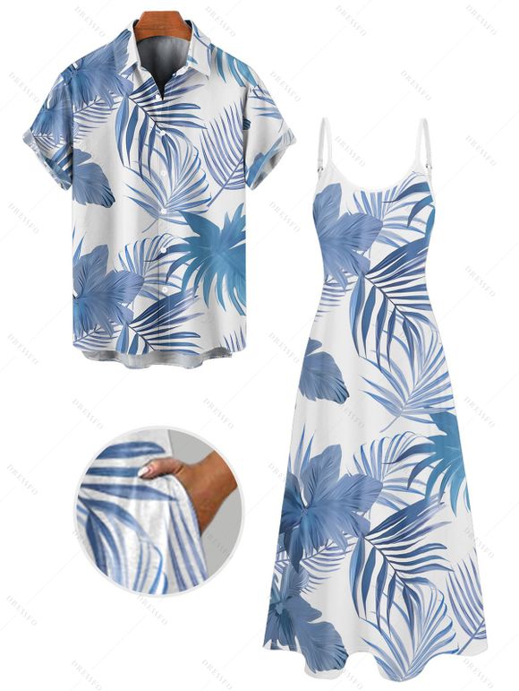 Hawaii Couple Outfit Tropical Leaf Pattern Pocket Spaghetti Strap A Line Long Tank Dress and Button Up Shirt Beach Matching Outfit - Bleu clair S | US 4