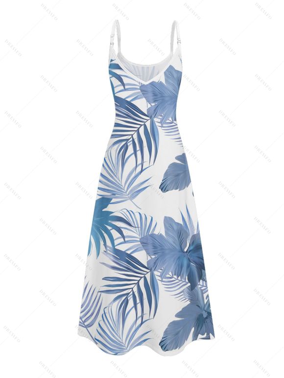 Hawaii Couple Outfit Tropical Leaf Pattern Pocket Spaghetti Strap A Line Long Tank Dress and Button Up Shirt Beach Matching Outfit - Bleu clair S | US 4