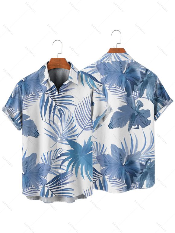 Hawaii Couple Outfit Tropical Leaf Pattern Pocket Spaghetti Strap A Line Long Tank Dress and Button Up Shirt Beach Matching Outfit - Bleu clair S | US 4