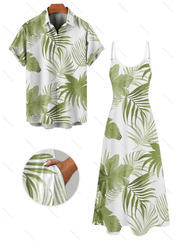 Hawaii Couple Outfit Tropical Leaf Pattern Pocket Spaghetti Strap A Line Long Tank Dress and Button Up Shirt Beach Matching Outfit - Vert clair S | US 4