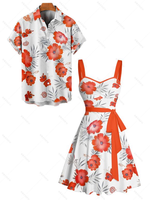Vacation Couple Outfit Leaf Flower Pattern Ruched Bust Belt Sweetheart Neck A Line Mini Dress and Button Up Shirt Casual Matching Outfit - Rouge S | US 4