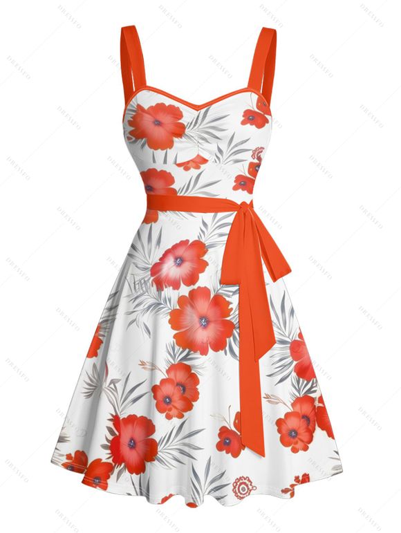 Robe de vacances à motif de feuilles et de fleurs, buste froncé, ceinture, col en cœur, robe trapèze mini décontractée - Rouge XXXXXL | US 20