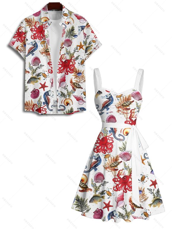Vacation Couple Outfit Allover Marine Life Shell Octopus Starfish Pattern Ruched Bust Belt Dress and Button Up Shirt Beach Matching Outfit - Rouge S | US 4